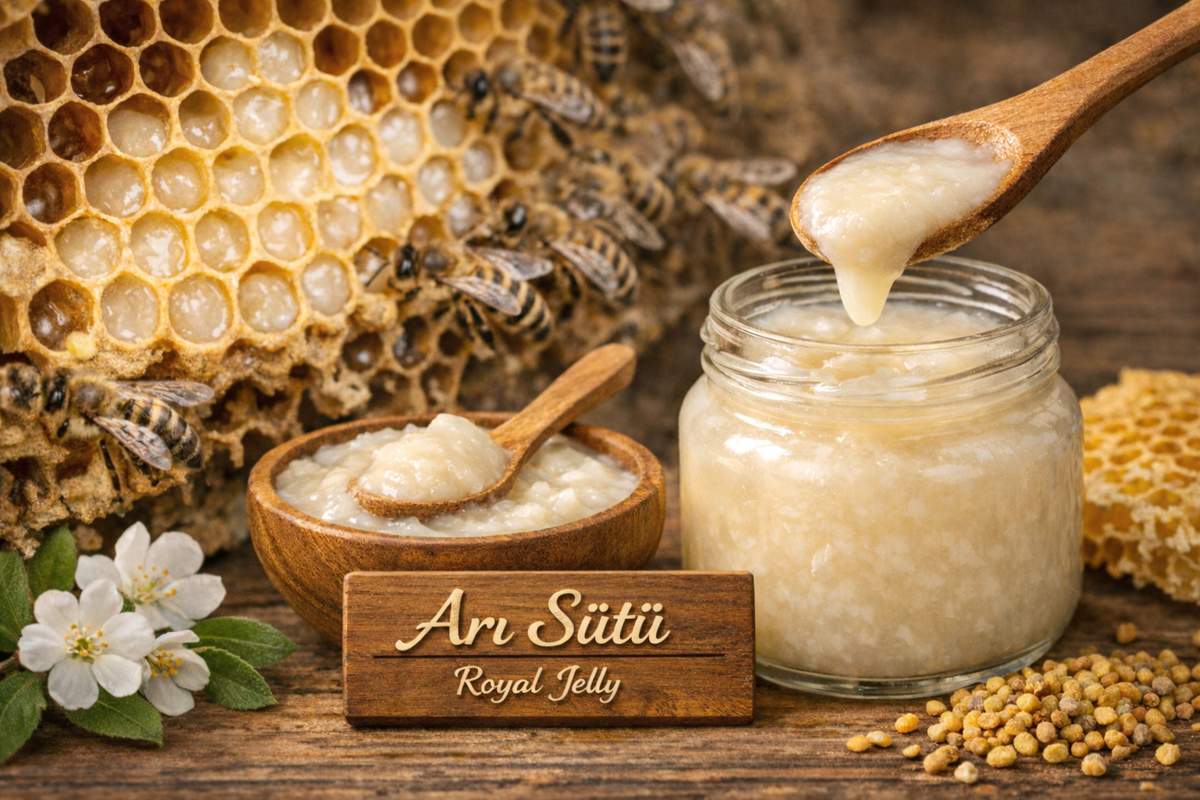 Petek arka planında, kavanoz ve kaşıkla servis edilen krem renkli arı sütü (royal jelly); yanında arılar ve polen taneleri bulunan gerçekçi ürün görseli.