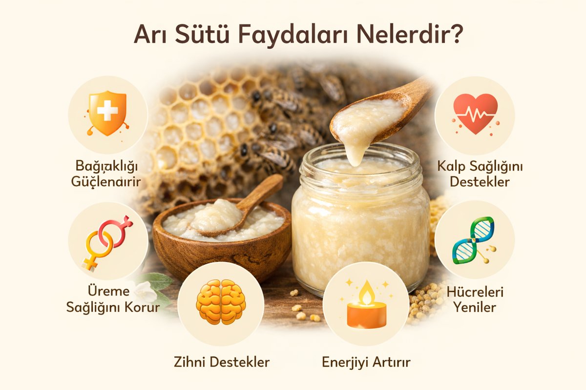 “Arı Sütü Faydaları Nelerdir?” başlıklı 1200×800 infografik; ortada arı sütü kavanozu ve kaşık, arka planda petek ve arılar; çevresinde bağışıklık, kalp sağlığı, hücre yenilenmesi, enerji, zihin desteği ve üreme sağlığı ikonları.