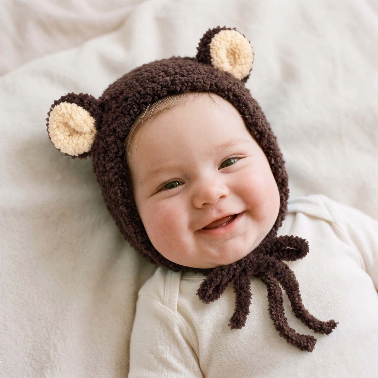 El Örgüsü Peluş Bebek Beresi | Kadife Dokulu Kulaklı Bere