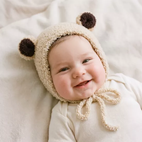 Bej El Örgüsü Peluş Bebek Beresi