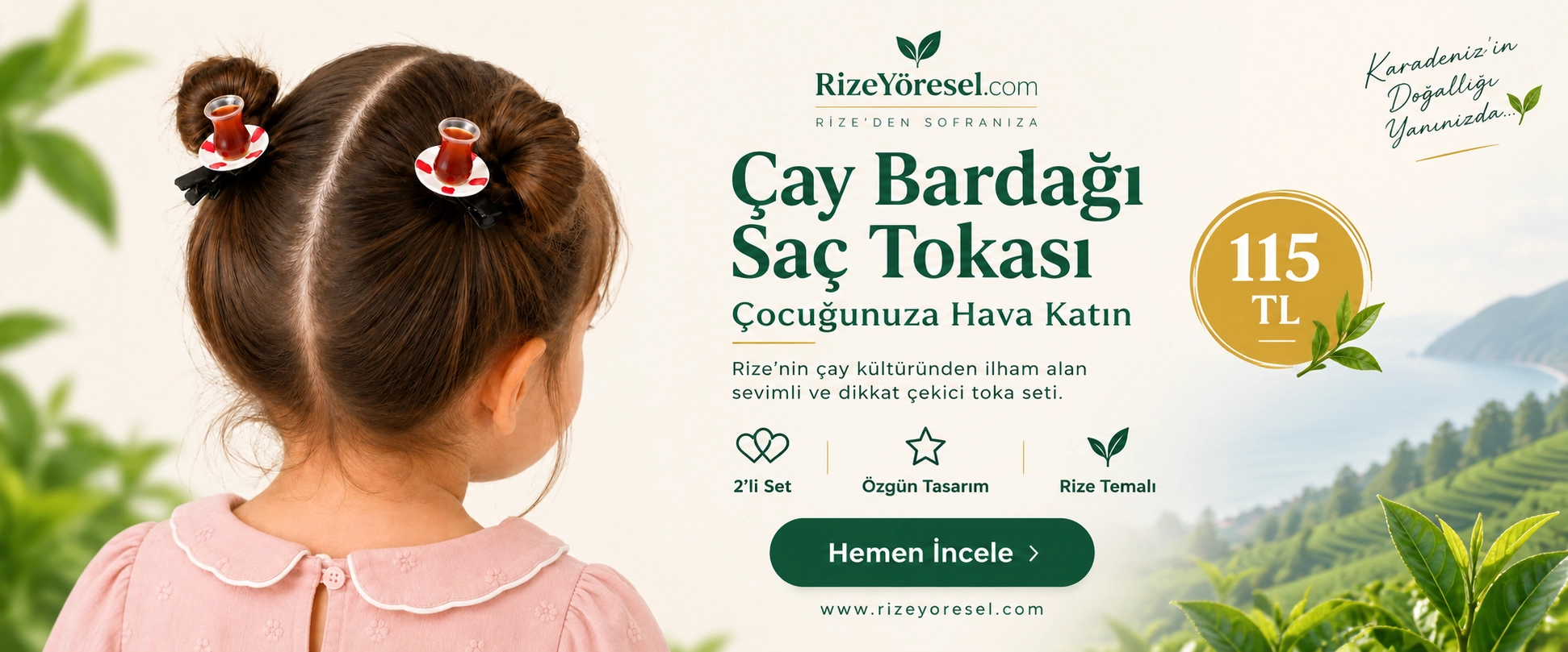 Çay Bardağı Saç Tokası – Rize Temalı 2’li Çocuk Saç Tokası